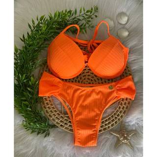 BIQUÍNI CANELADO LARANJA FLUOR MEIA TAÇA COM CALCINHA BORBOLETA
