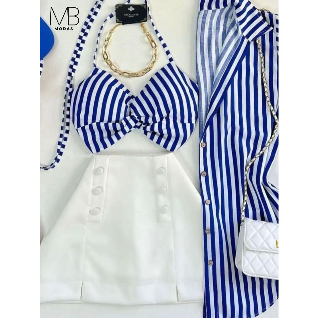 Conjunto kimono+cropped Listrado tendência modelo verão