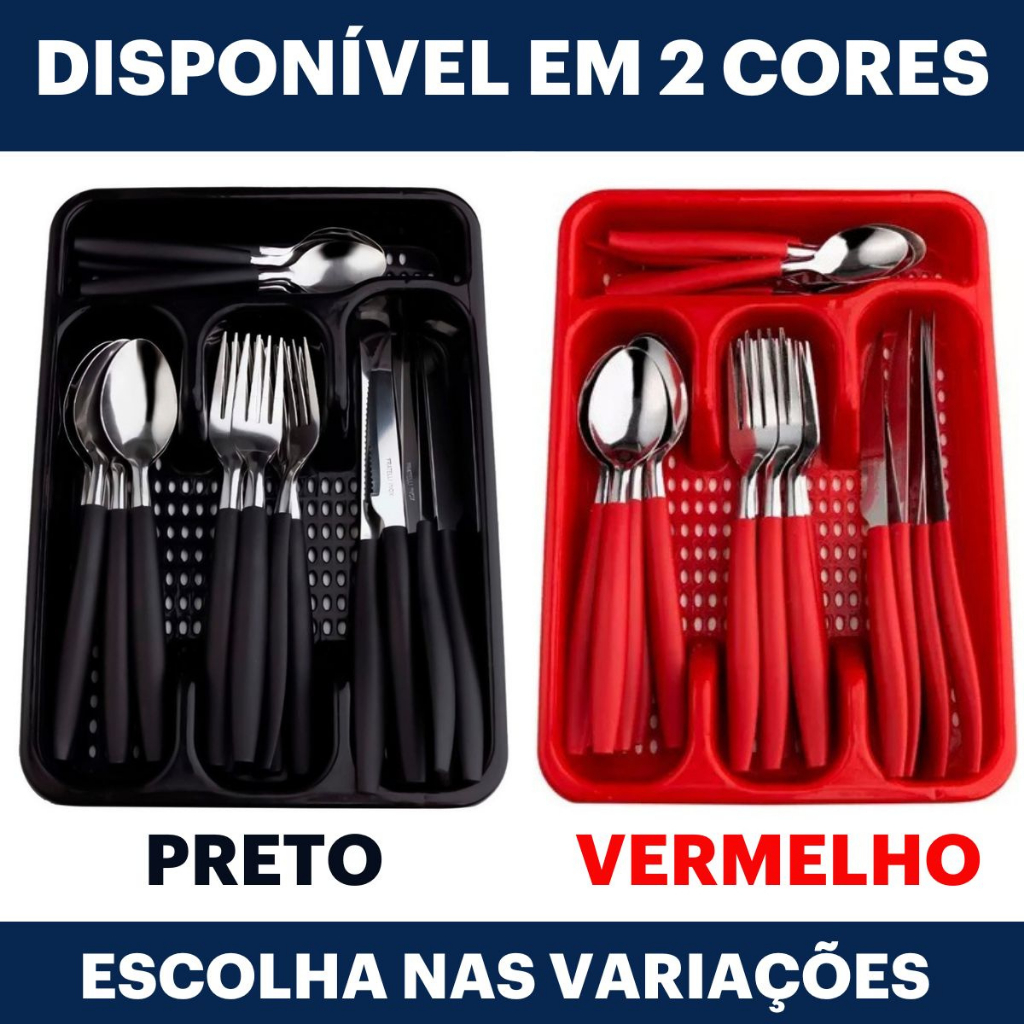 Jogo de Talheres inox com 24 pecas + suporte gaveteiro cores