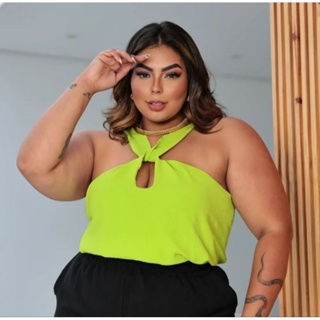 Blusa Feminina Regata Feminina Gota Gola Transpassada em nó Pescoço Básica Tendência Lisa Tecido Duna plus do p ao g3