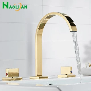 Torneira Misturador Lavatório Banheiro Conjunto Metal Com Duplo Alças, Bacia De Banho Dourada Torneira