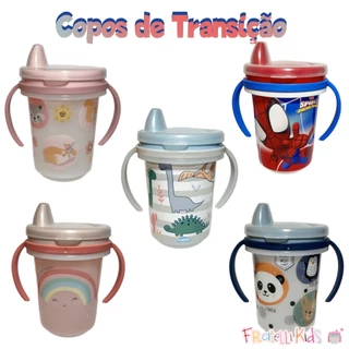 Copo Infantil Antivazamento de Transição Com Alça e Tampa Menino e Menina - Homem Aranha Dino Bichinhos Arco íris - 330ml -Plasútil