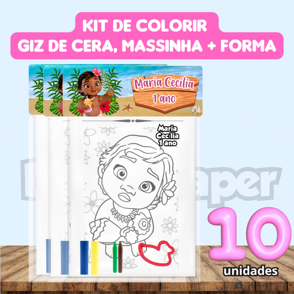 Kit de Colorir Moana Baby com Giz de cera massinha e forma - Lembrancinha 10 unidades