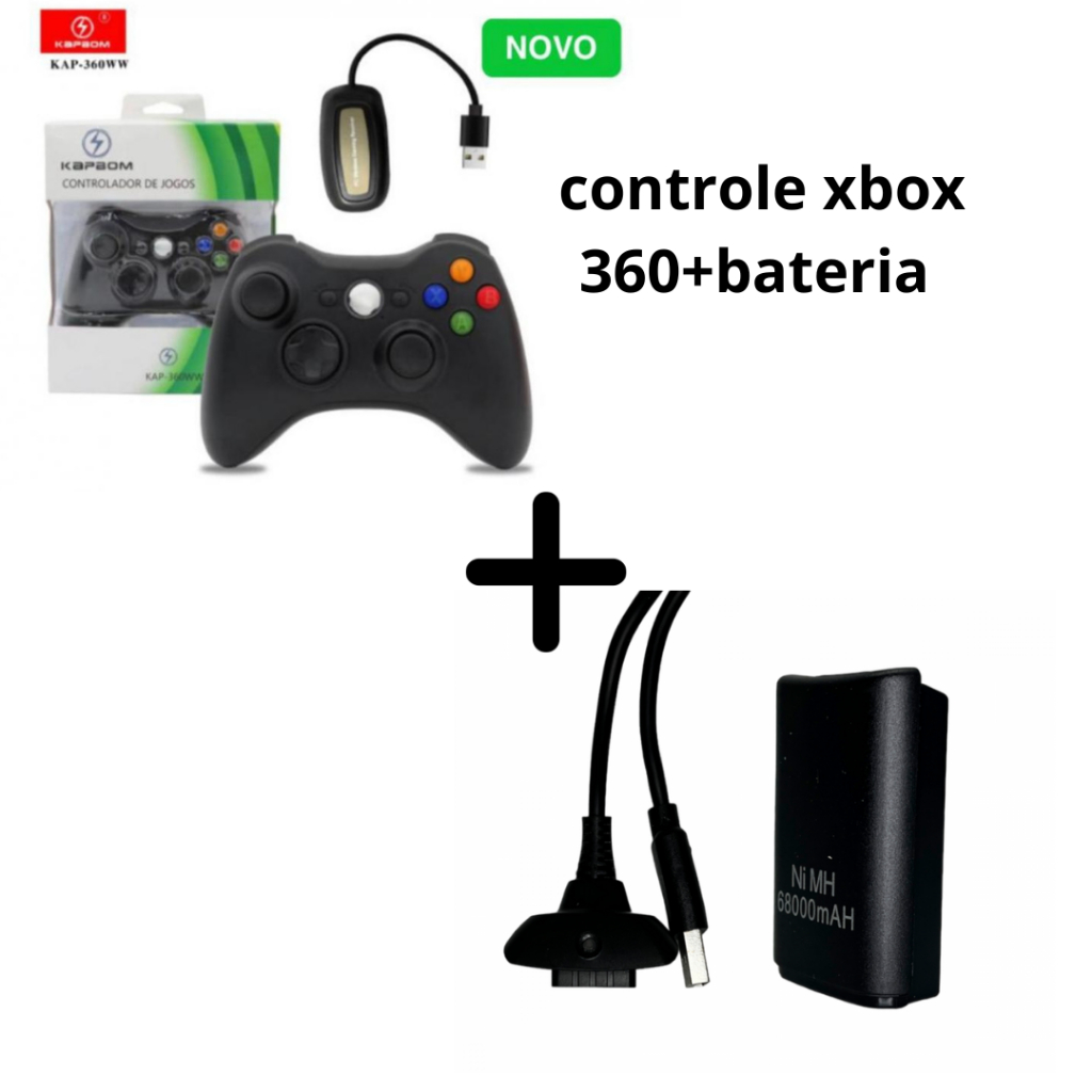 Bateria Para Controle Xbox 360 Com Cabo E Carregador Preto : :  Games e Consoles