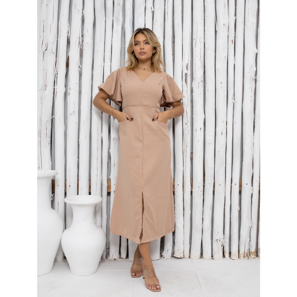 Vestido Social alfaiataria moda evangelica com fenda frontal. VES-016