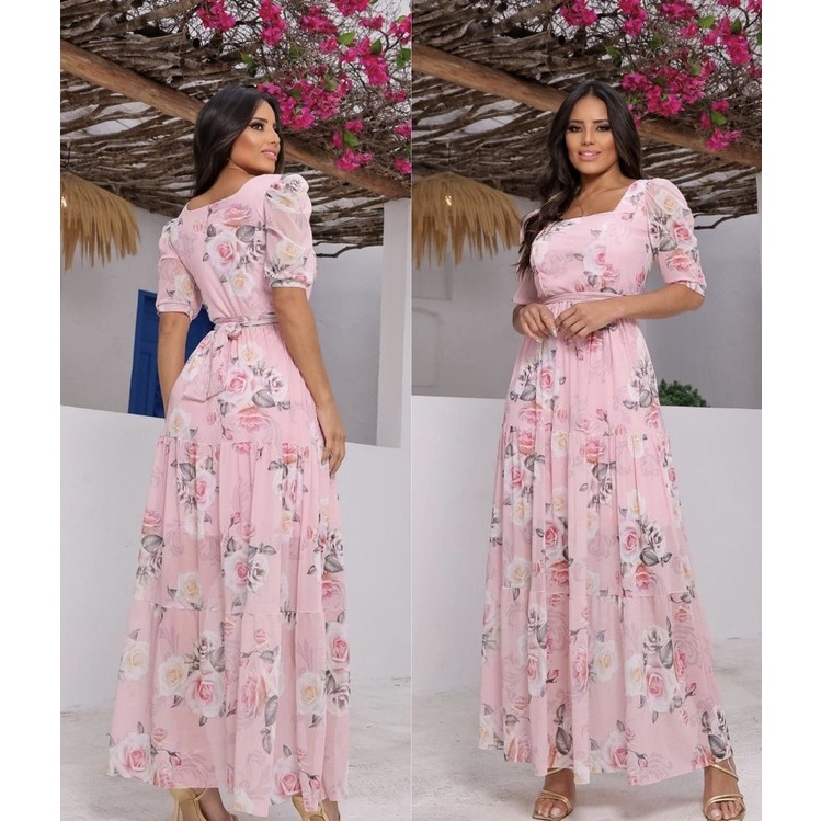 Vestido de Festa Convidada para casamento formatura florido estampado com  manga moda evangelica