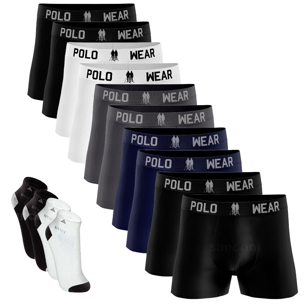 Kit 10 Cuecas Boxer Polo Wear Adulto Original + 4 Meias