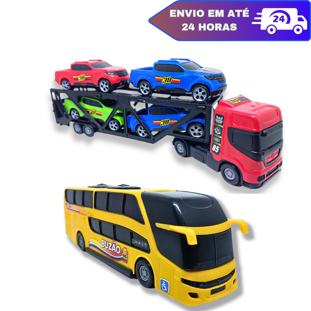 Caminhão Carreta Cegonha C/ 4 Carrinhos + Ônibus Busão Viagem 2 Andares Brinquedo Infantil