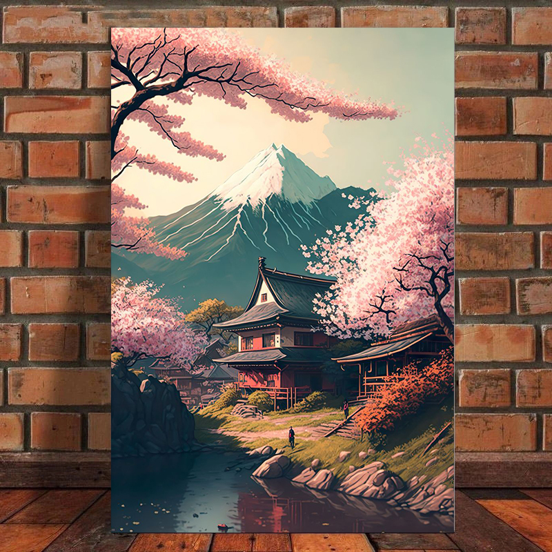 Quadro japonês vila Fuji montanha, estética parede arte para quarto ...