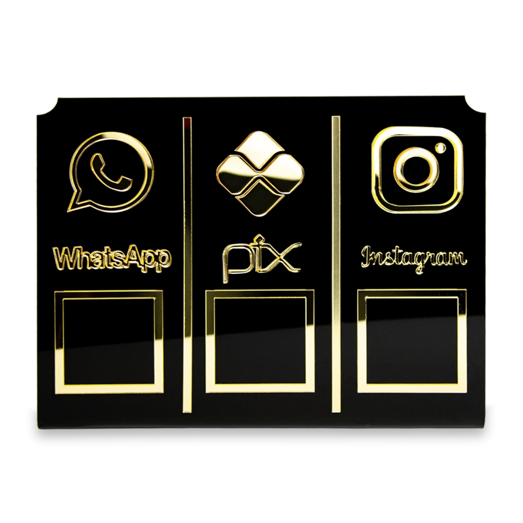Display Placa 3 em 1 WhatsApp Pix Instagram Qr Code Preto Pagamentos Interação Balcão Loja Estabelecimento Vendas Studio Cílios Sobrancelha
