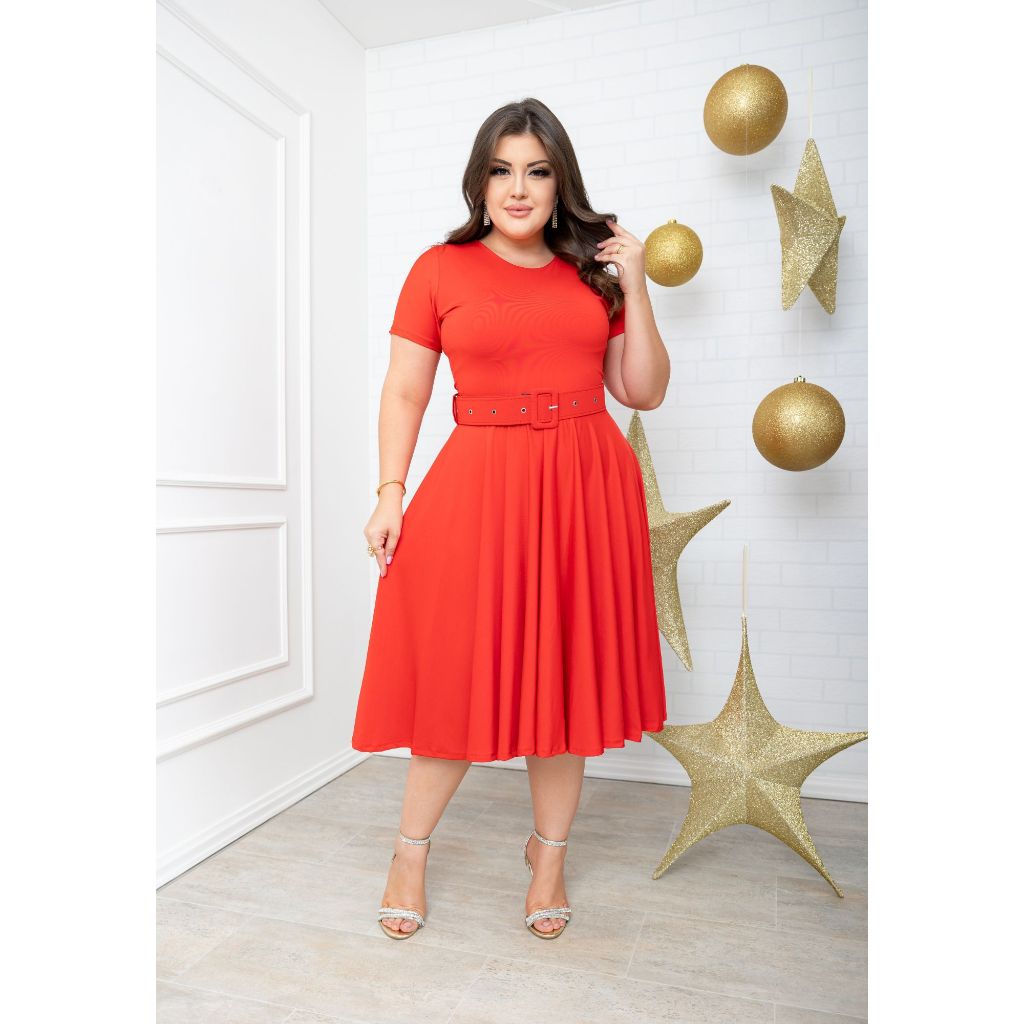 Vestido Midi Godê Vermelho Candy Acompanha Cinto Moda Cristã