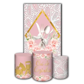 Kit Capa Painel Retangular + Trio Capas de Cilindros Sublimado Tema Chá De Cozinha