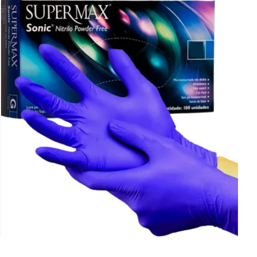 Luva Descartável Nitrílica Azul Cobalto Sonic Sem Pó C/100 Unidades Supermax