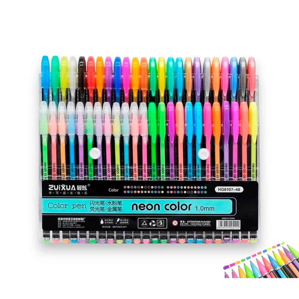 Kit com 12/24/36/48 Caneta Gel ColorGel Neon Glitter Pastel Metal Escolar