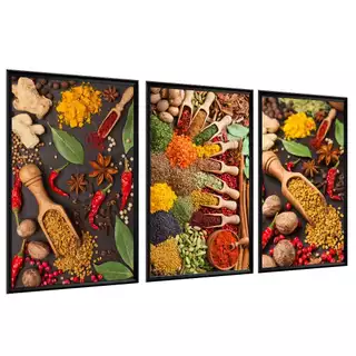 Kit 3 Quadros Decorativos Cozinha Gourmet Temperos Comidas Rustico Moldura Grande 63x43cm Restaurante Lanchonete
