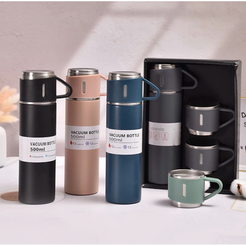 Kit Garrafa Térmica com 3 Xícaras Botão Click 500ml aço Inox | Shopee Brasil