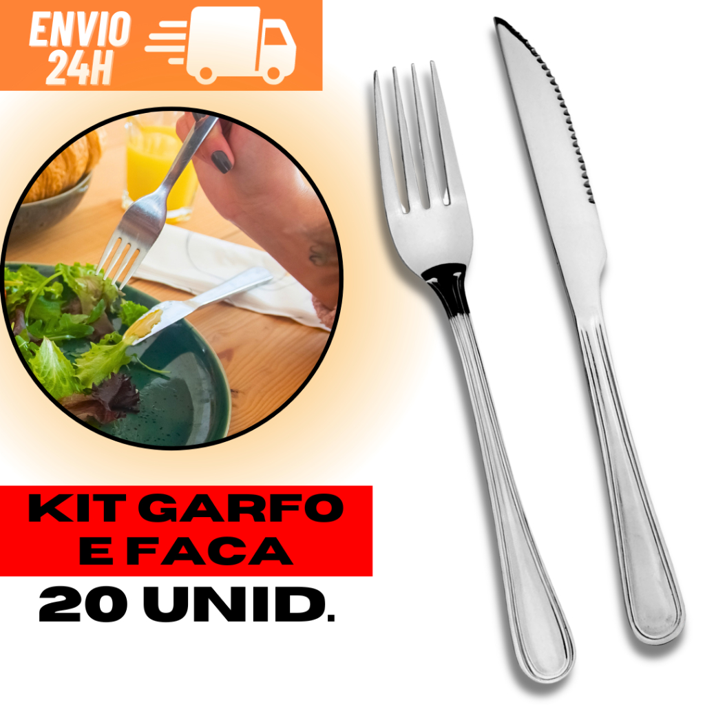 Kit Jogo Garfo e Faca 20 Peças Reforçado Aço Inox 10 Garfos 10 Facas ...
