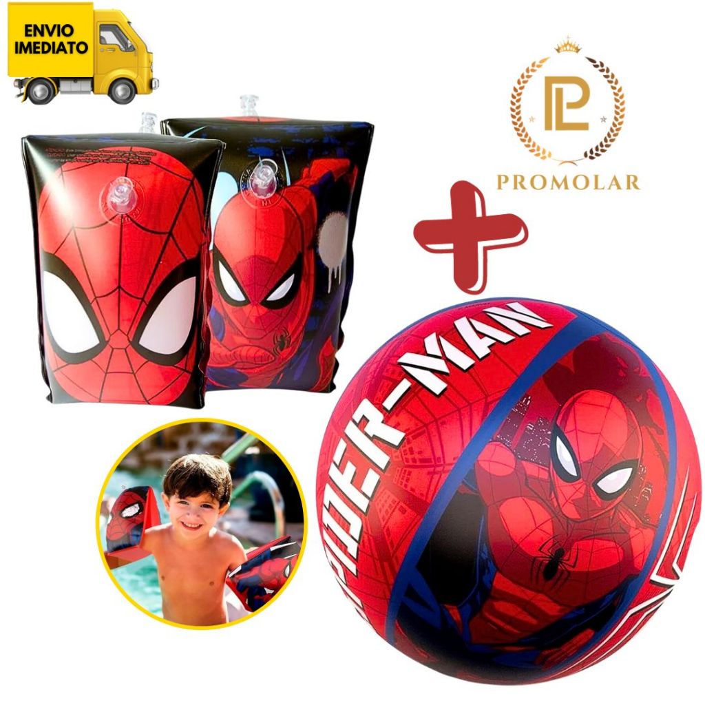 Kit Boia De Braço Infantil Para Meninos Homem Aranha Disney + Bola Inflável 40 Cm Infantil Para Crianças Brincar Piscina Proteção Para Nadar Spider Man