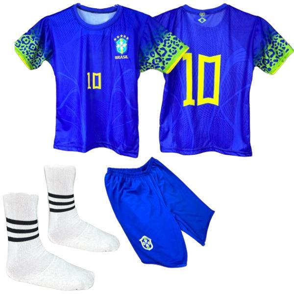 kit Conjunto infantil de futebol Brasil seleção azul Meião | Shopee Brasil