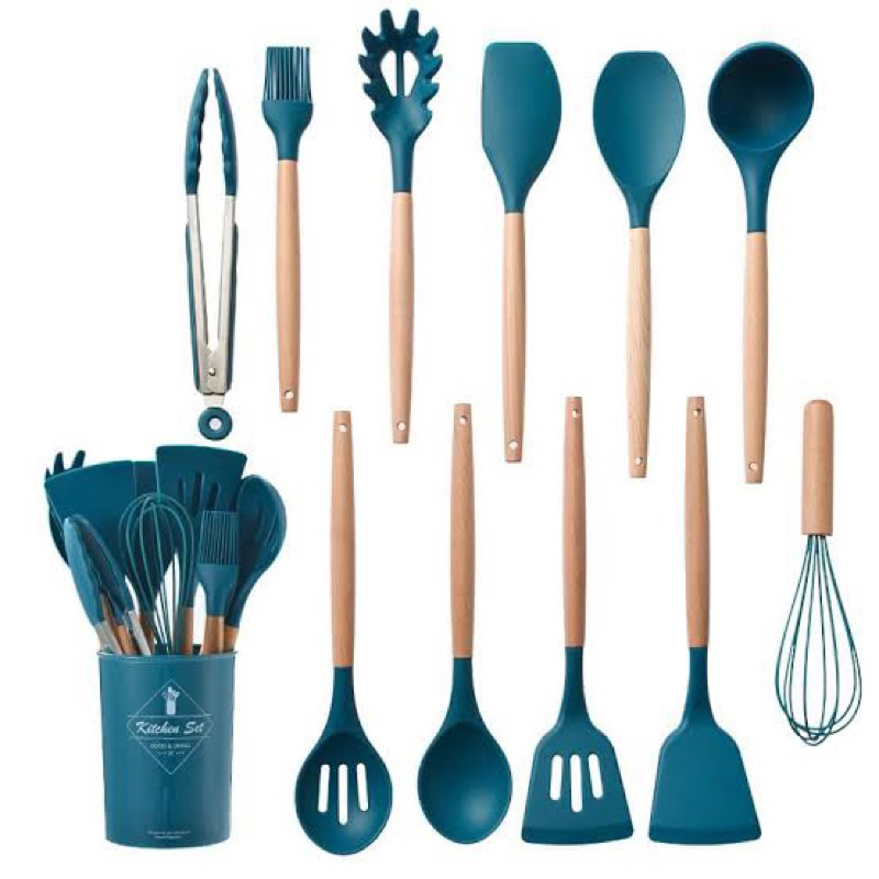 Jogo Kit C/12 Peças Utensílios De Cozinha Colheres Espatula Silicone Cabo Madeira Decoração Livre BPA