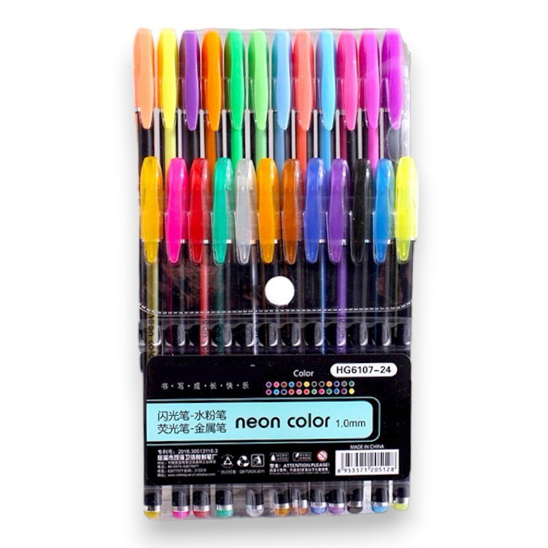 Kit 24 Canetas Gel Neon Pastel Glitter Metal Escolar