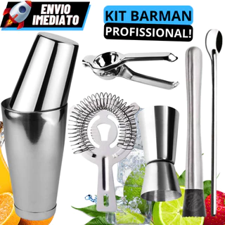 Kit Barman Coqueteleira Boston 820ml Em Aço Inox Dosador Duplo Socador de Gelo Colher de Suco Coador Inox e Espremedor de Limão Para Barmans Para Bares Caipirinha e Drinks Envio Imediato