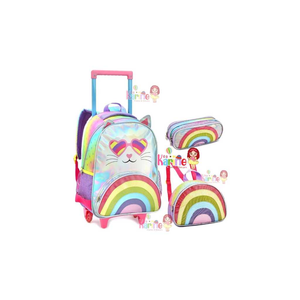 Kit Mochila Escolar GATINHA HOLOGRÁFICA ARCO ÍRIS COM RODINHA modelo 2024 / KIT MOCHILA ESCOLAR INFANTIL MENINA FOFA / KIT MOCHILA DE CARRINHO PARA MENINA