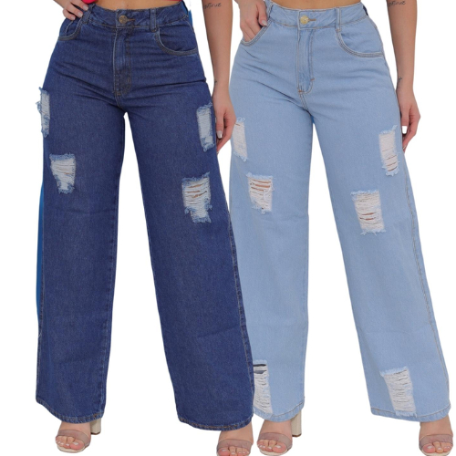 Calça Jeans Feminina Wide Leg Sky Clara Estampada com Cintura Alto com Sem  Elastano Ref: 0041