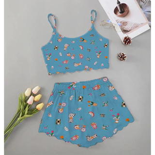 Pijamas Feminino Baby Doll Conjunto Short Doll Cropped Blogueirinha com Alcinha Malha Fria Em Liganete