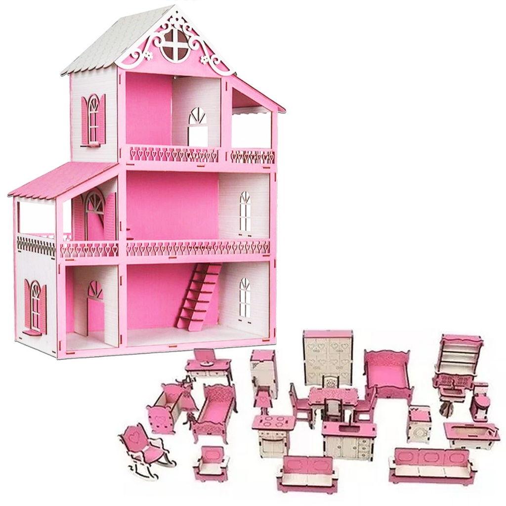 Casa Casinha de Boneca Pintada Madeira C/25 Móveis Meninas Brinquedo ...