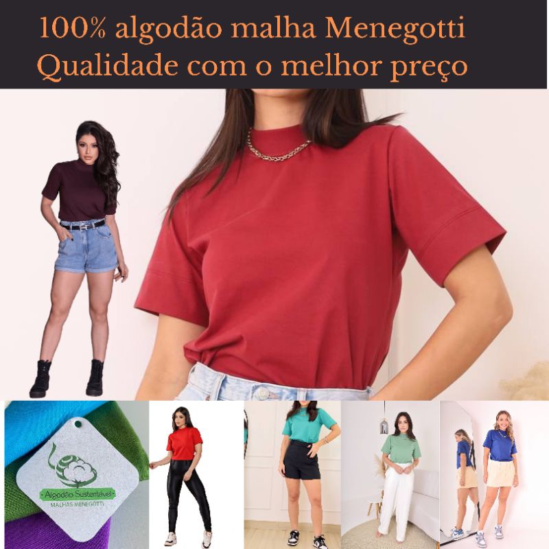 t-shirt feminina gola alta básica camiseta blusa inspiração Zara malha Menegotti 100% algodão sustentável promoção