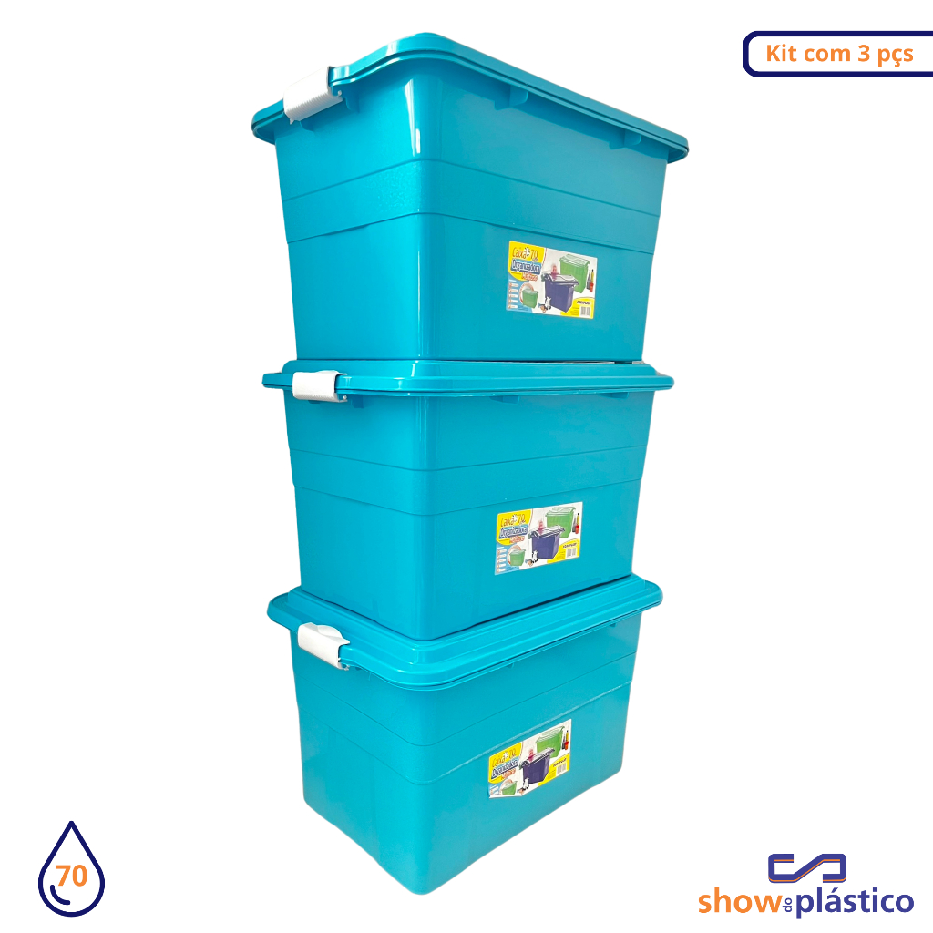 KIT COM 3 CAIXAS ORGANIZADORAS - 70 LITROS - COM TAMPA - 904