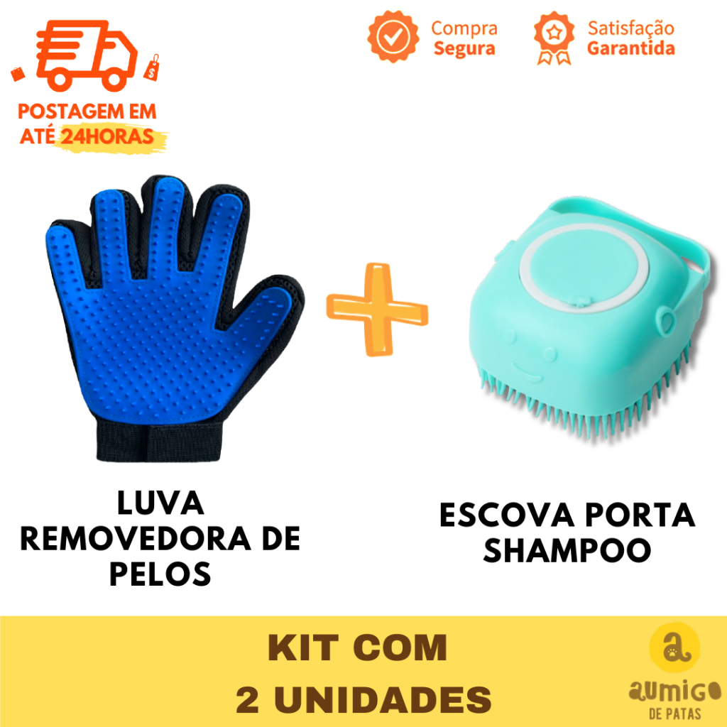 Kit Limpeza Pet - Escova para Cachorro Gato Dispenser Shampoo + Luva Tira Pelo Massageadora