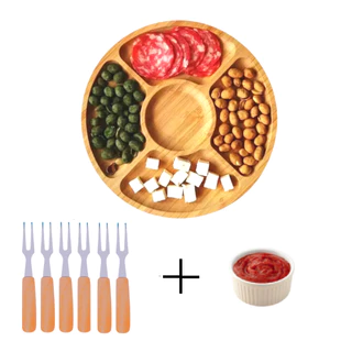 Kit Petisqueira Redonda Para Frios Queijo Com Molheira Ramekin e Garfinhos para Petiscos