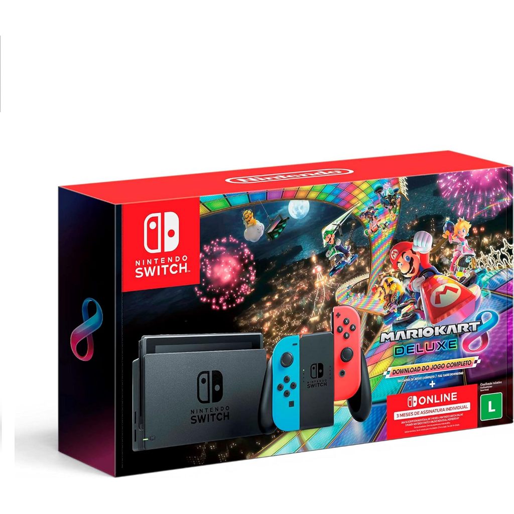 Console Nintendo Switch Azul e Vermelho Original Novo e Lacrado + Joy-Con Neon + Mario Kart 8 Deluxe + 3 Meses de Assinatura Nintendo Switch Online