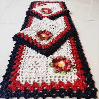 Jogo de cozinha em crochê kit 3 peças (Modelo: Flor Bordada