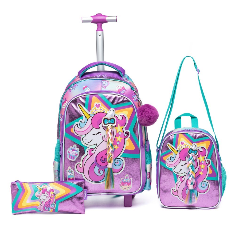 Kit Mochila de Rodinha Unicórnio Feminina Infantil Estojo Escolar Lancheira Térmica