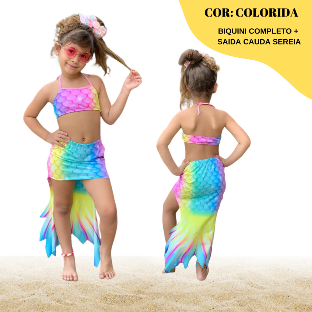 Conjunto Biquini Infantil + Saída Cauda De Sereia Proteção Solar Uv