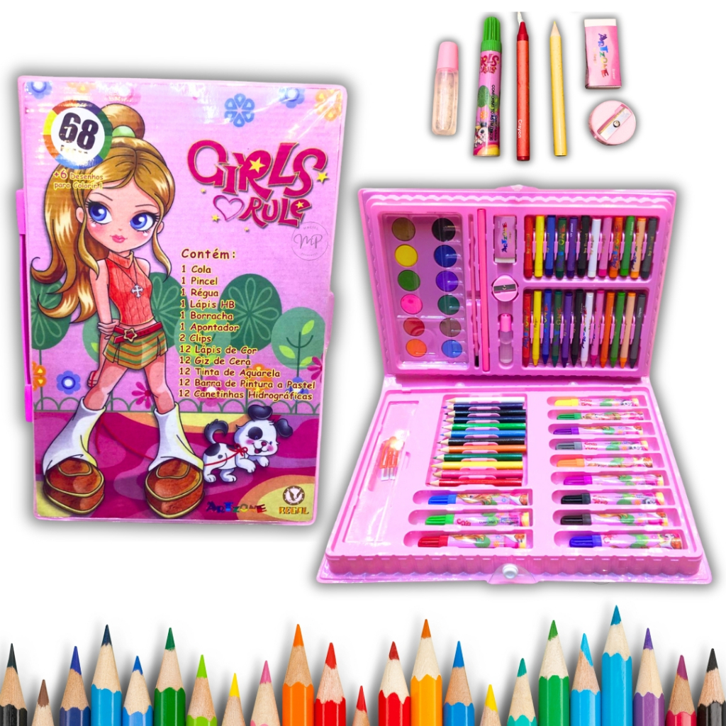 Estojo Completo De Pintura Infantil Com 150 Peças + 30 Desenhos Kit Escolar  Maleta Presente Criança Desenhar Pintar Giz de Cera Tinta Lápis de Cor Para  Menina Rosa Feminino