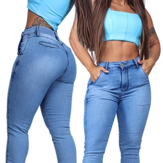 Calça jeans feminina SKINNY E FLARE preta premium cintura alta