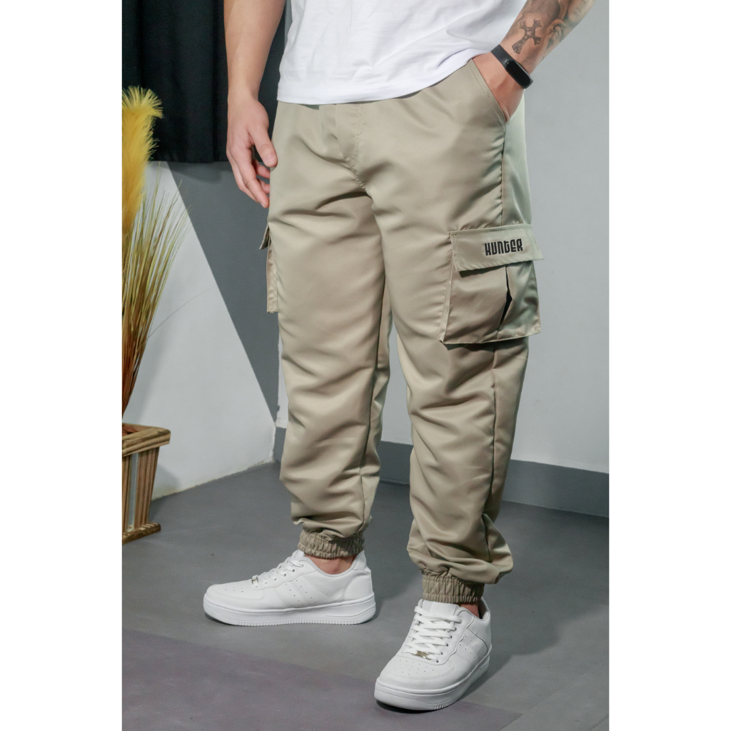 Calça Jogger Cargo Corta Vento Combat Masculina Caqui Skate