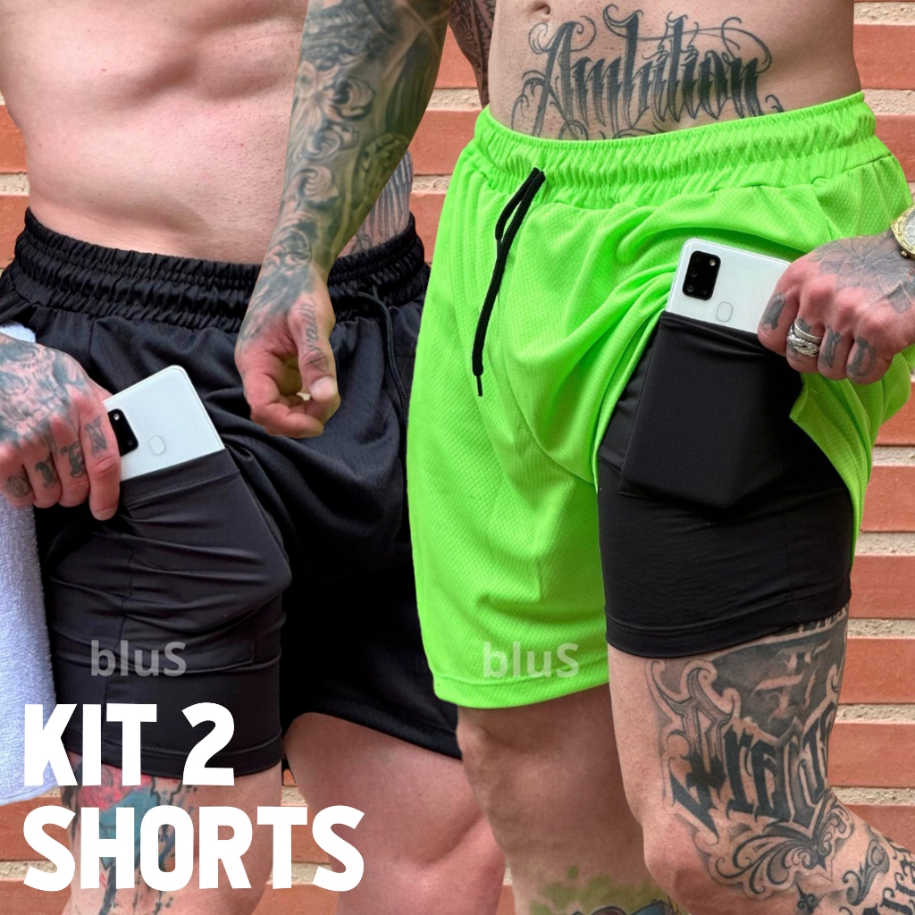 Kit 2 Shorts 2 em 1 Bermuda Academia Masculina Treino Elastano