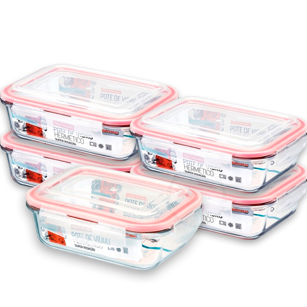 Conjunto 5 Potes Vidro Hermético Mantimentos Marmita 1050ml | Shopee Brasil