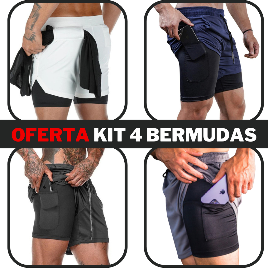 KIT 4 shorts masculino 2 em 1 para academia e corrida pro fit bermuda dupla academia dri fit