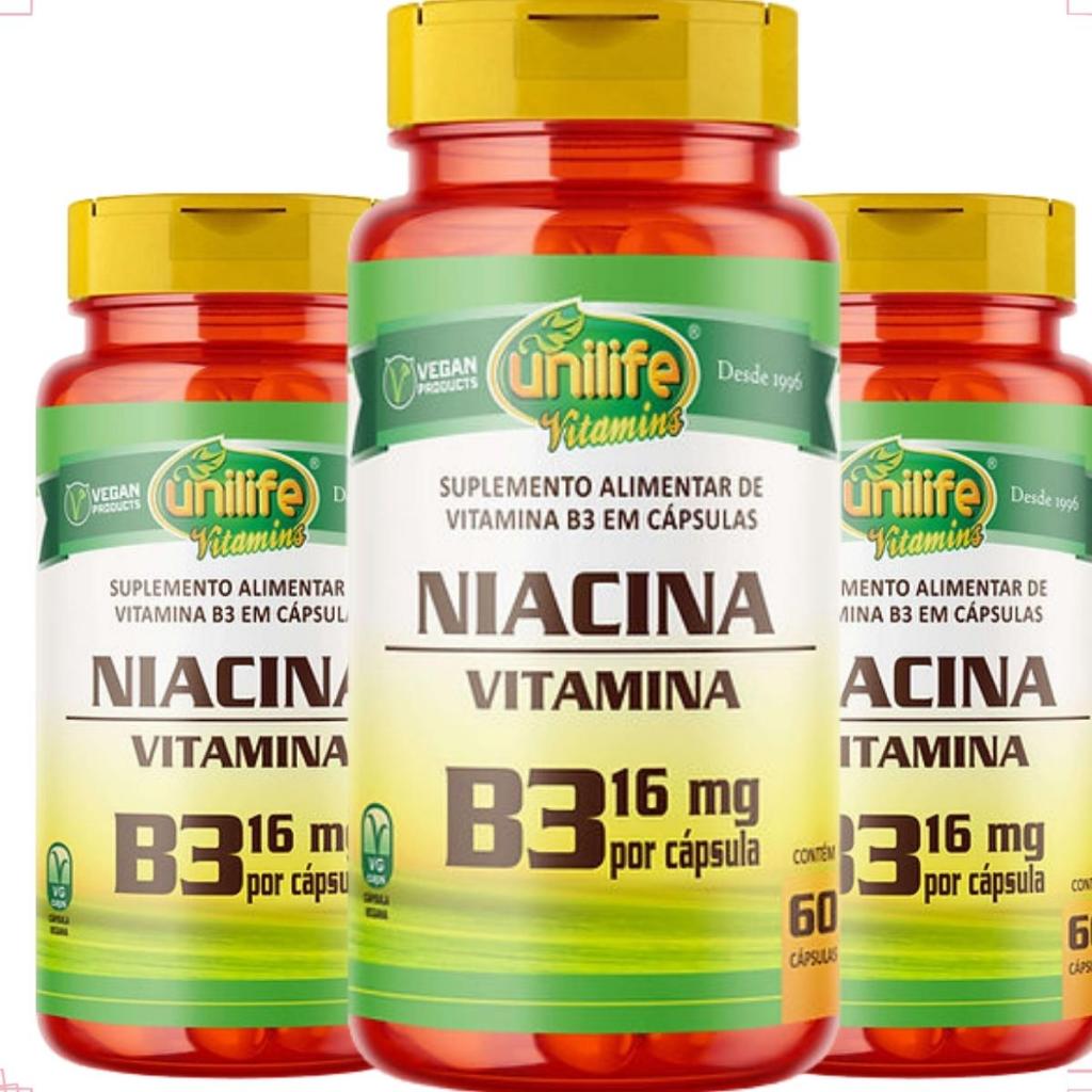 Kit 3 Niacina Vitamina B3 Suplemento 60 Cápsulas - Unilife