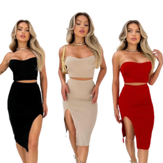 Conjunto Feminino Cropped e Saia Midi com Fenda Ribana Duplo Premium Sem Bojo