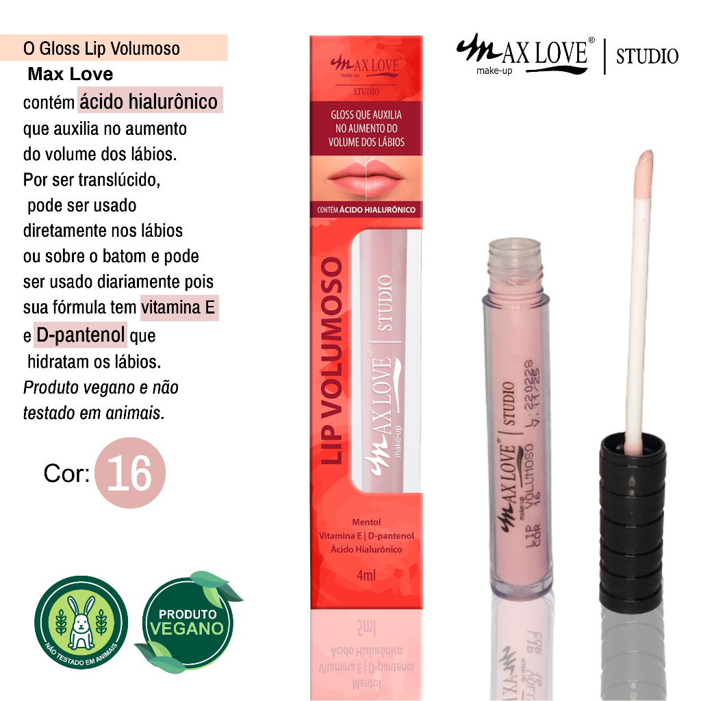 Gloss Lip Volumoso Max Love Make Up 3 em 1 Vitamina E Ácido