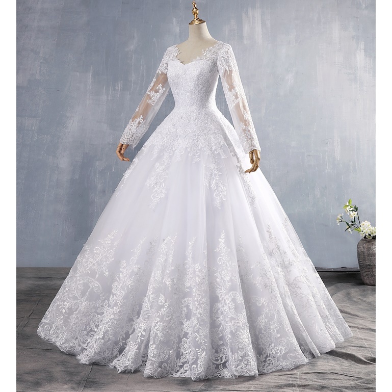 Princesa Manga Comprida Vestido De Noiva Rodado Com Manga Vestido