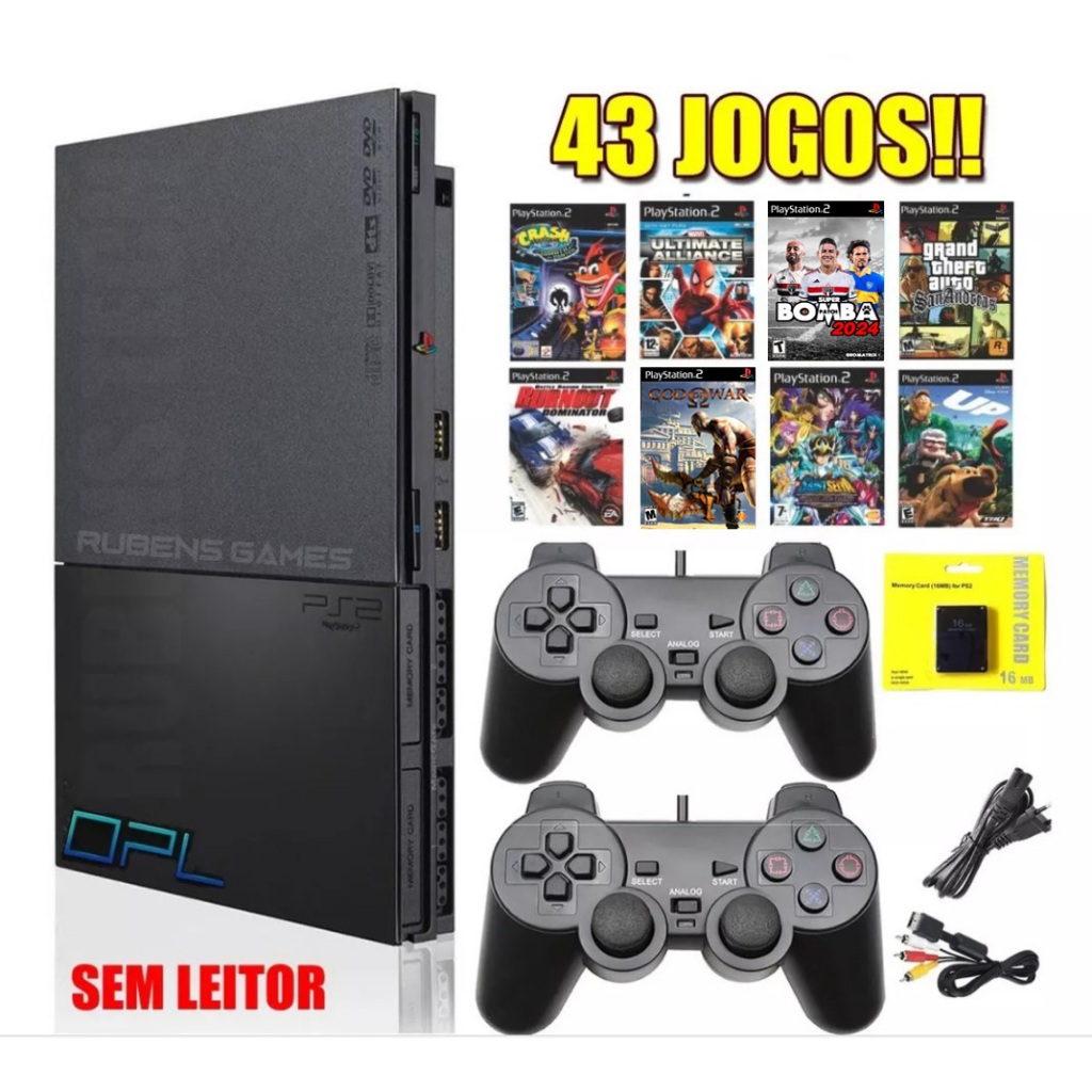 Playstation 2 slim com jogos + 02 Controles + Caixa + Adesivo preto