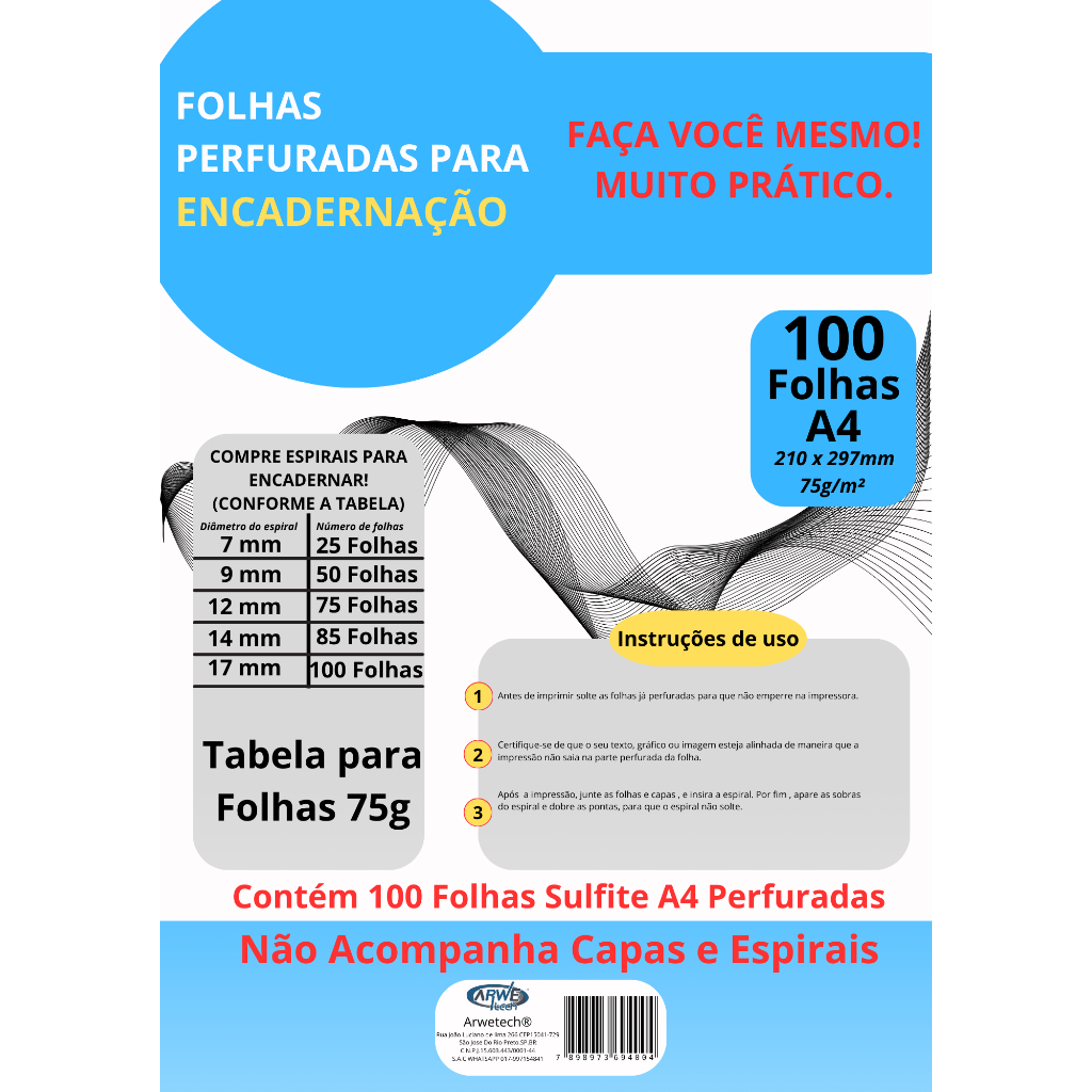 Folha Perfurada Para Encadernação A4 75g 100 Folhas